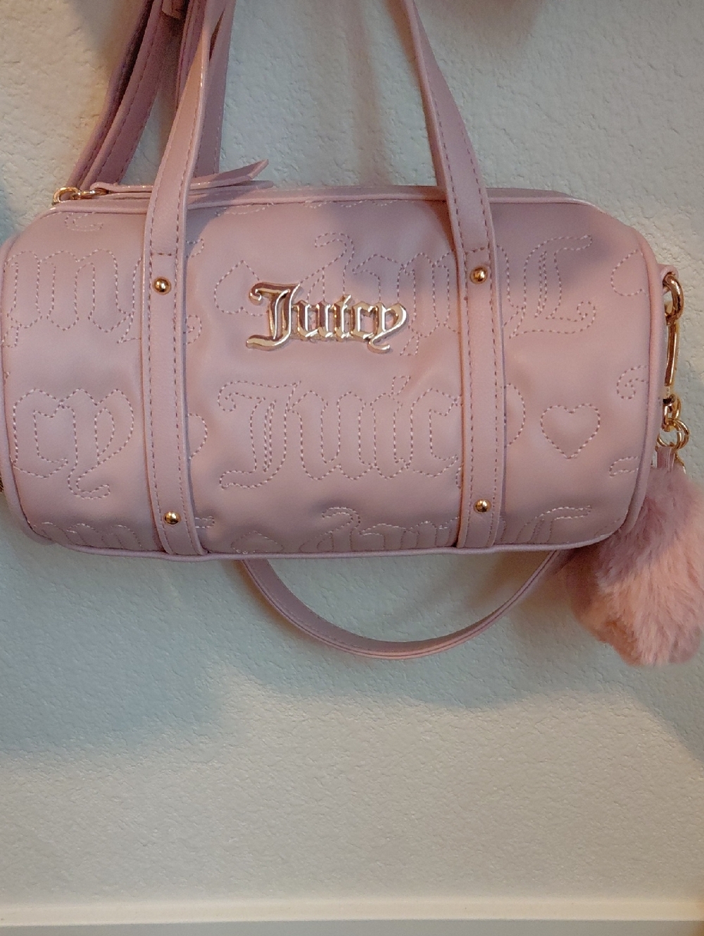 Juicy Couture Light Pink Quilted Barrel Satchel with Pom